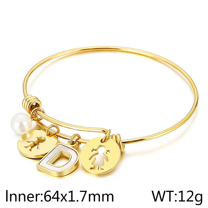 Simple Style Human Letter Titanium Steel Pearl Hollow Out Inlay Shell Bangle