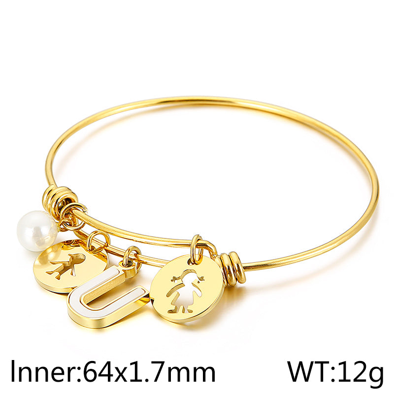 Simple Style Human Letter Titanium Steel Pearl Hollow Out Inlay Shell Bangle