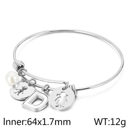 Simple Style Human Letter Titanium Steel Pearl Hollow Out Inlay Shell Bangle