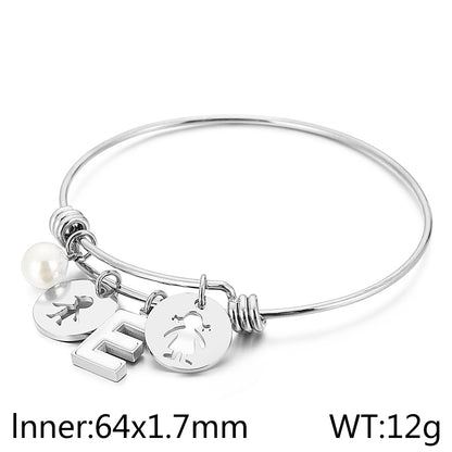 Simple Style Human Letter Titanium Steel Pearl Hollow Out Inlay Shell Bangle