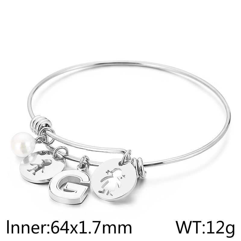 Simple Style Human Letter Titanium Steel Pearl Hollow Out Inlay Shell Bangle