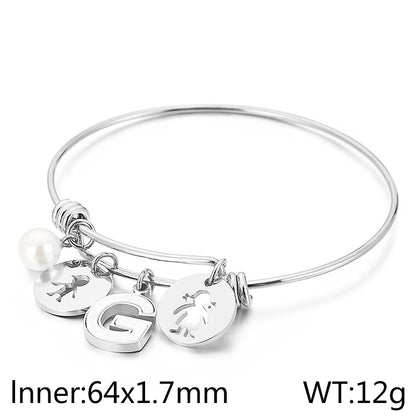 Simple Style Human Letter Titanium Steel Pearl Hollow Out Inlay Shell Bangle