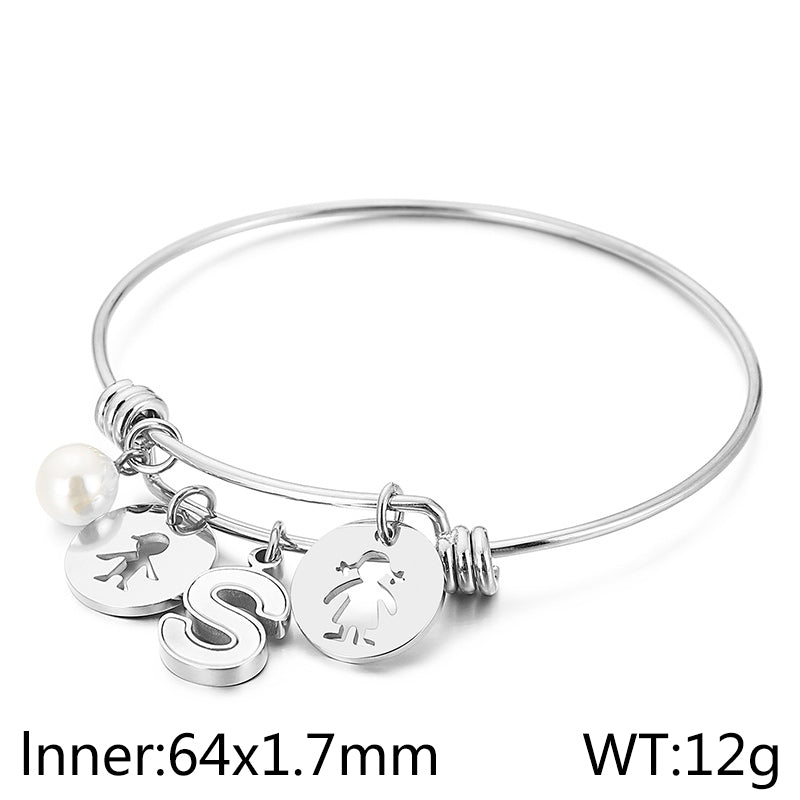 Simple Style Human Letter Titanium Steel Pearl Hollow Out Inlay Shell Bangle