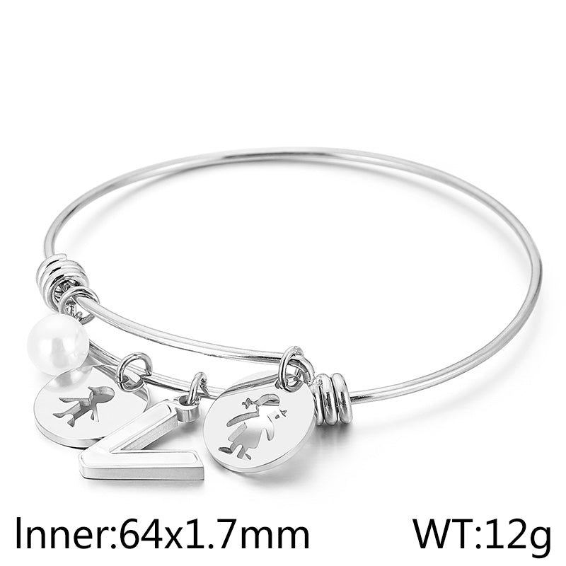 Simple Style Human Letter Titanium Steel Pearl Hollow Out Inlay Shell Bangle