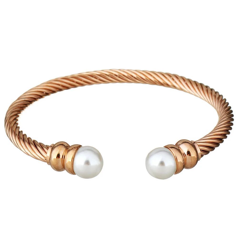 Simple Style Geometric Stainless Steel Artificial Pearls Twisted Cable Bracele Bangle In Bulk