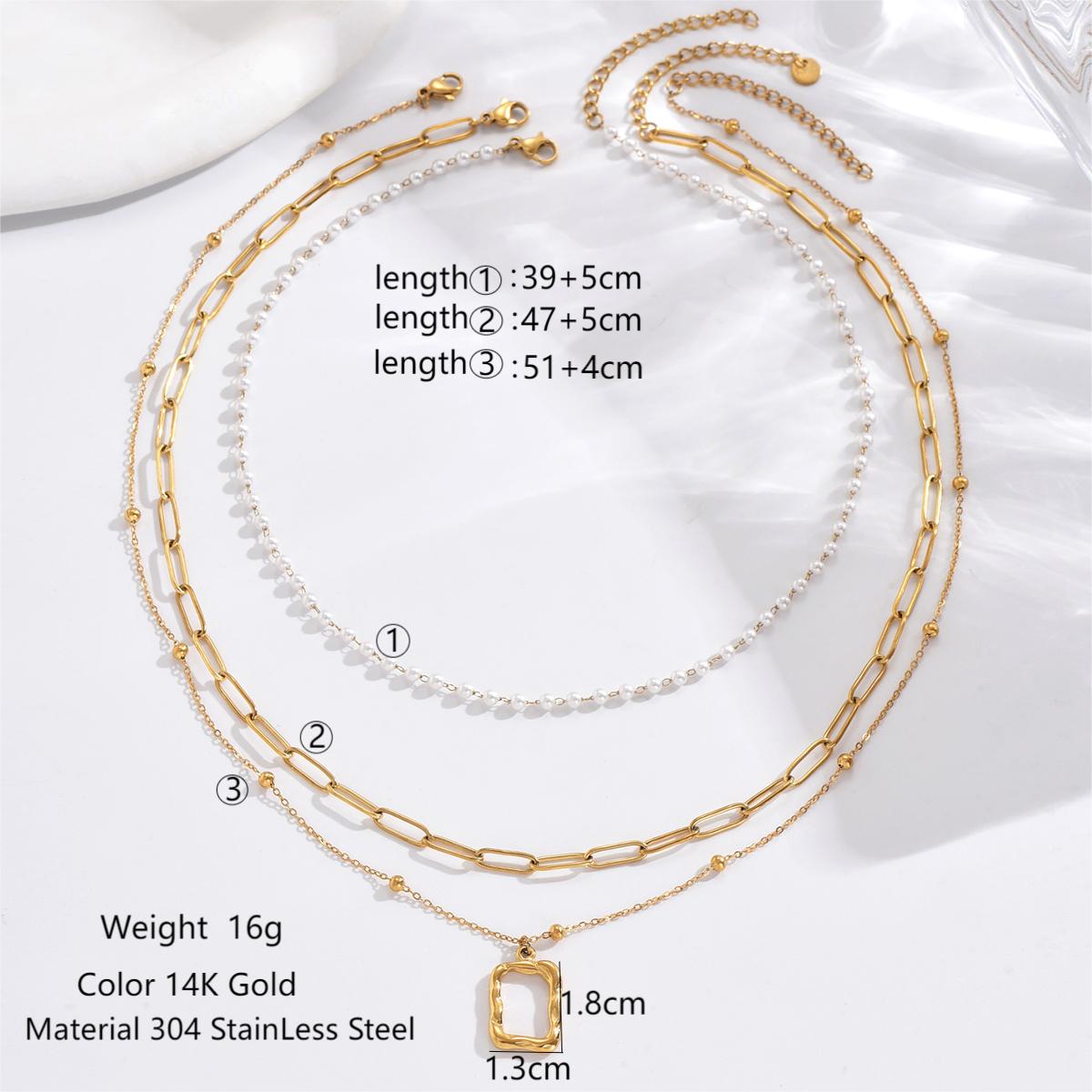 Elegant Simple Style Roman Style Triangle Square Roman Numeral Stainless Steel Pearl Plating Inlay Acrylic 14k Gold Plated Three Layer Necklace