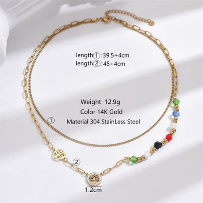 Elegant Vintage Style Round Life Tree Stainless Steel Synthetic Resin Glass Beaded Plating Inlay Zircon 14k Gold Plated Double Layer Necklaces Necklace