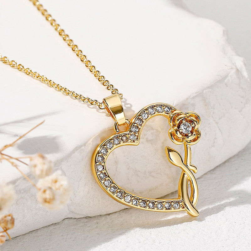 Elegant Romantic Letter Heart Shape Copper Plating Hollow Out Inlay Zircon Pendant Necklace