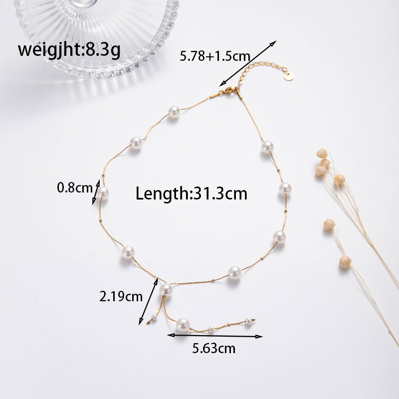 Ig Style French Style Simple Style Waves Stainless Steel Plating Inlay Pearl 18k Gold Plated Rings Necklace