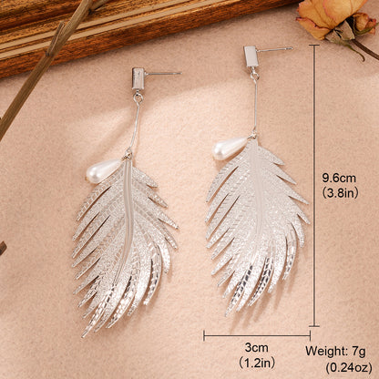 1 Pair Ig Style Elegant Leaves Feather Plating Hollow Out Inlay Alloy Copper Artificial Pearls Rhinestones 14k Gold Plated 18k Gold Plated Silver Plated Drop Earrings