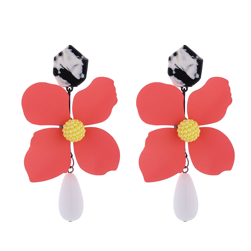 1 Pair Elegant Sweet Water Droplets Flower Stoving Varnish Inlay Alloy Artificial Pearls Shell Gold Plated Drop Earrings