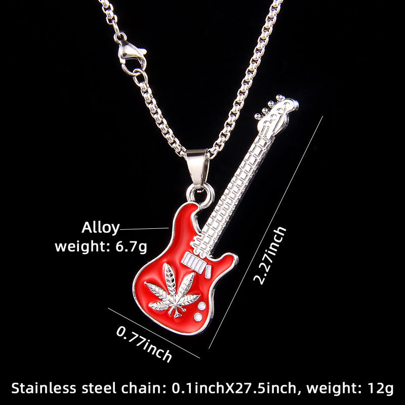 Retro Commute Guitar Maple Leaf Stainless Steel Alloy Enamel Unisex Pendant Necklace