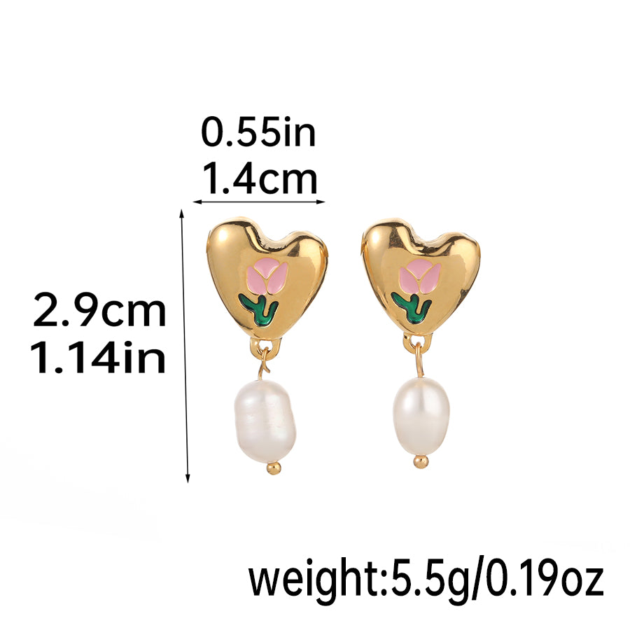 1 Pair Sweet Heart Shape Rose Enamel Hollow Out Freshwater Pearl Copper 18k Gold Plated Drop Earrings