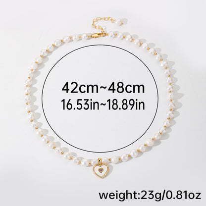 Elegant Romantic Heart Shape Freshwater Pearl Copper Beaded Plating Inlay Shell Zircon 18k Gold Plated Necklace