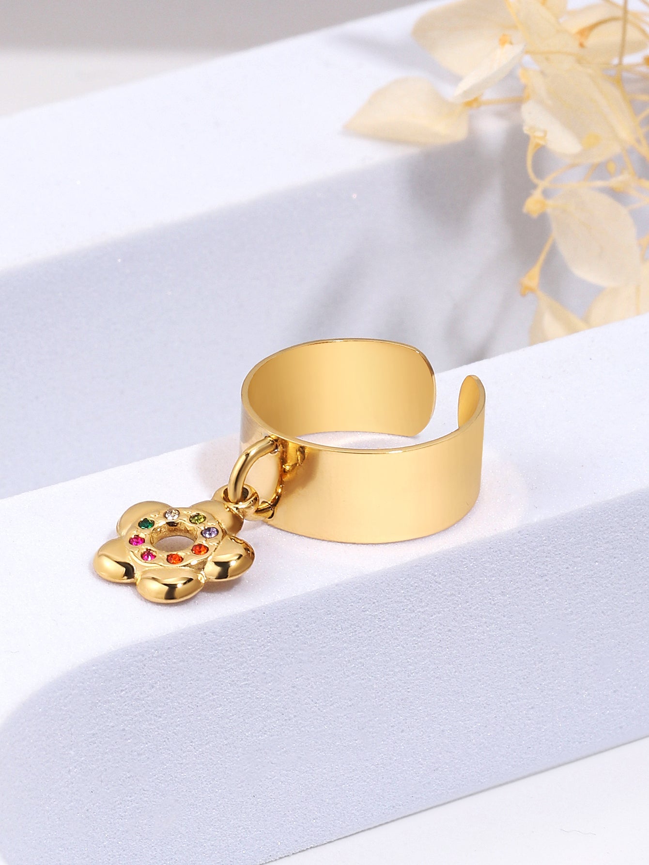 Sweet Flower Stainless Steel Plating Inlay Zircon 18k Gold Plated Charm Rings