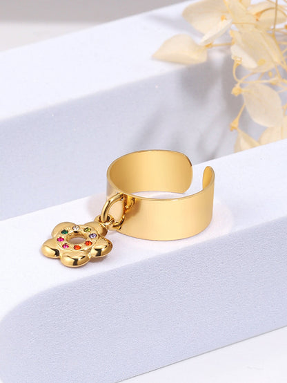 Sweet Flower Stainless Steel Plating Inlay Zircon 18k Gold Plated Charm Rings