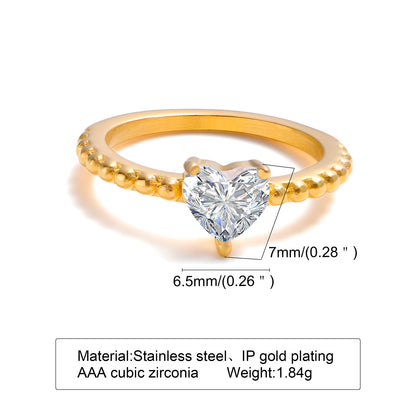 Simple Style Shiny Heart Shape Stainless Steel Plating Inlay Zircon Gold Plated Rings