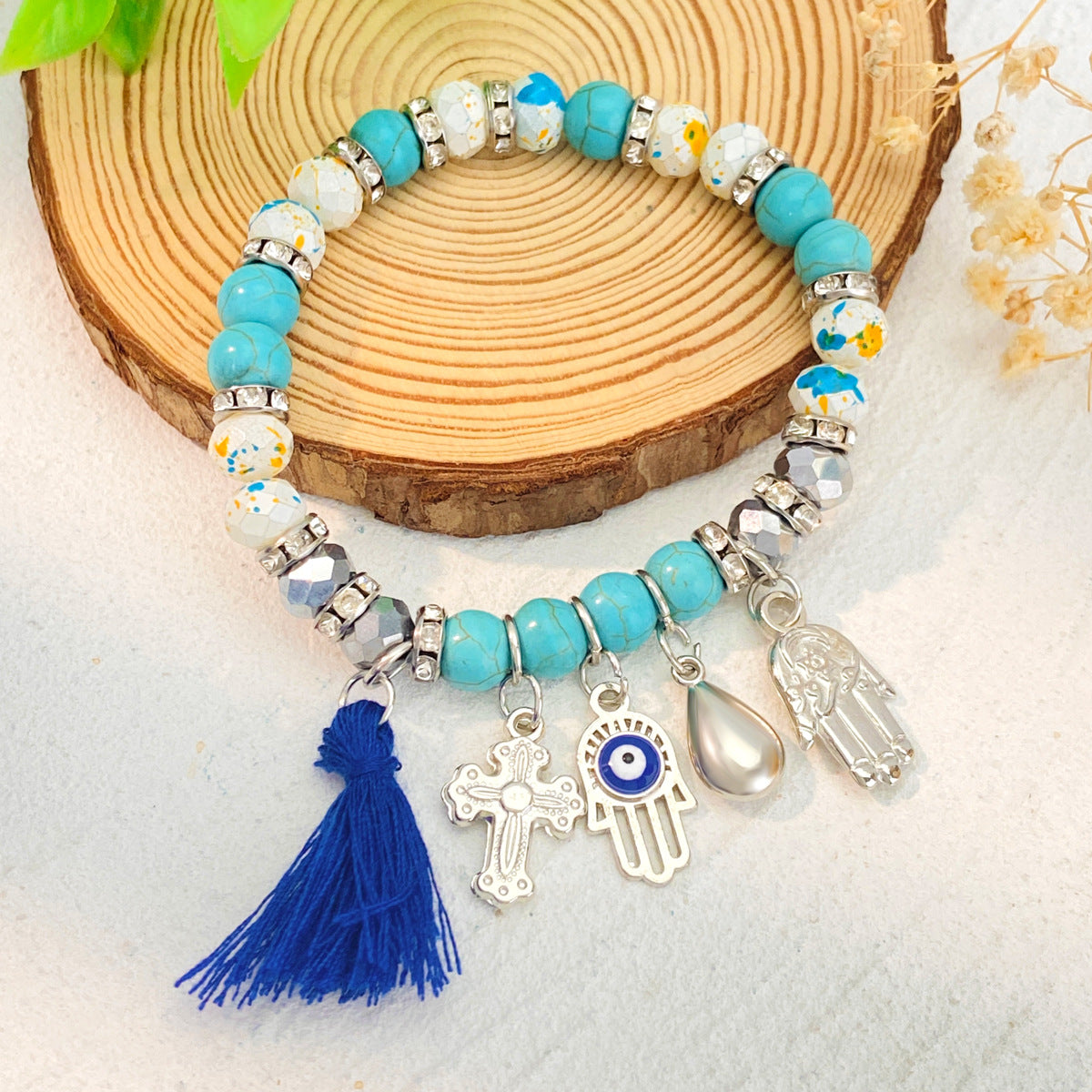 Ethnic Style Simple Style Classic Style Cross Devil's Eye Palm Alloy Natural Stone Beaded Tassel Inlay Rhinestones Unisex Bracelets