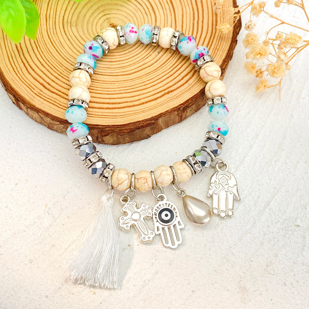 Ethnic Style Simple Style Classic Style Cross Devil's Eye Palm Alloy Natural Stone Beaded Tassel Inlay Rhinestones Unisex Bracelets