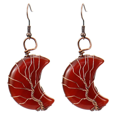 1 Pair Retro Simple Style Moon Tree Patchwork Natural Stone Copper Drop Earrings