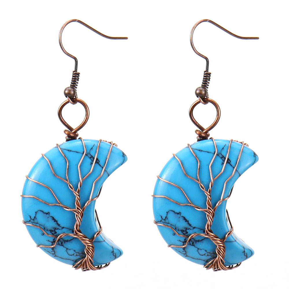 1 Pair Retro Simple Style Moon Tree Patchwork Natural Stone Copper Drop Earrings