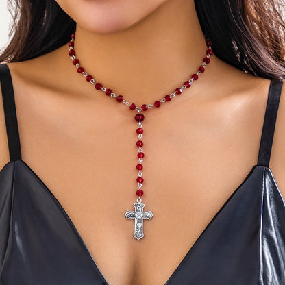 Retro Simple Style Classic Style Cross Round Alloy Crystal Beaded Women's Pendant Necklace