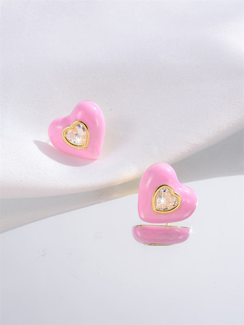 1 Pair Sweet Heart Shape Copper Zircon Ear Studs