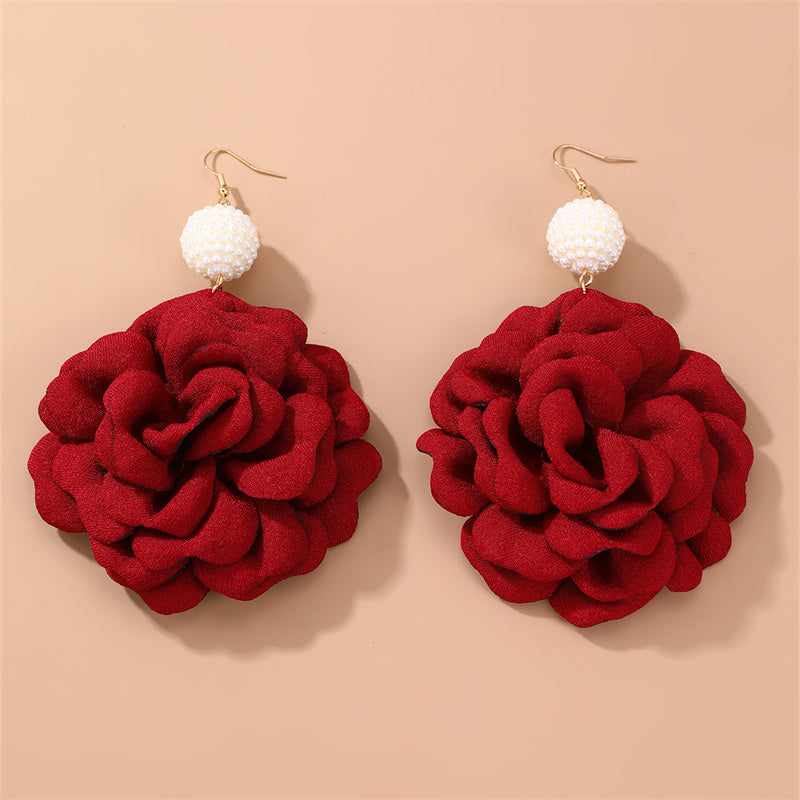 1 Pair Elegant Exaggerated Flower Alloy Cloth Drop Earrings