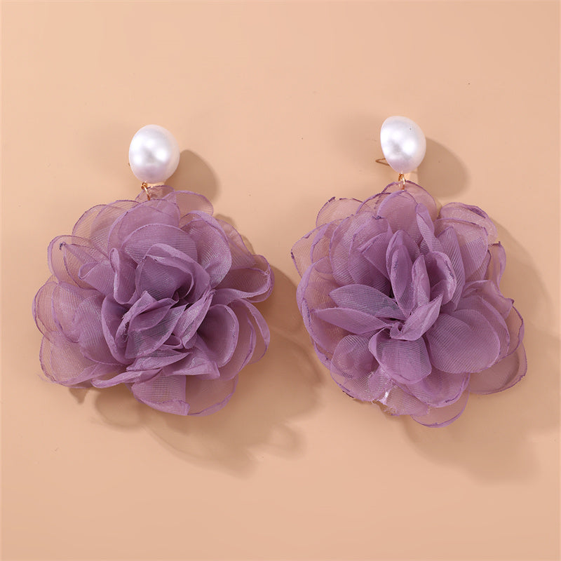 1 Pair Elegant Exaggerated Flower Alloy Cloth Drop Earrings