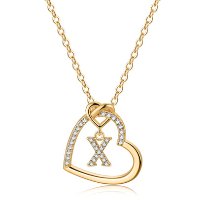 Elegant Letter Heart Shape Copper Plating Inlay Zircon 14k Gold Plated Pendant Necklace