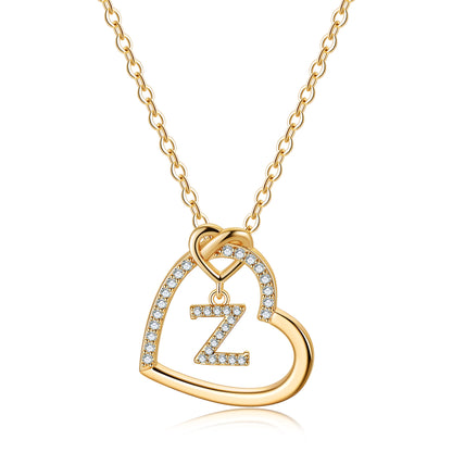 Elegant Letter Heart Shape Copper Plating Inlay Zircon 14k Gold Plated Pendant Necklace