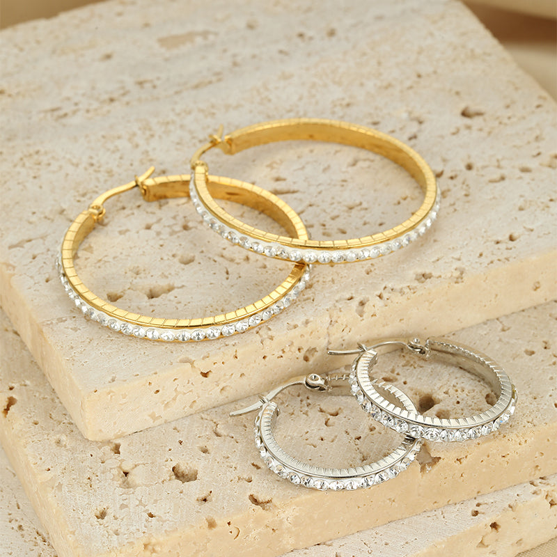 1 Pair Simple Style Classic Style Solid Color Plating Inlay Stainless Steel Artificial Diamond Hoop Earrings