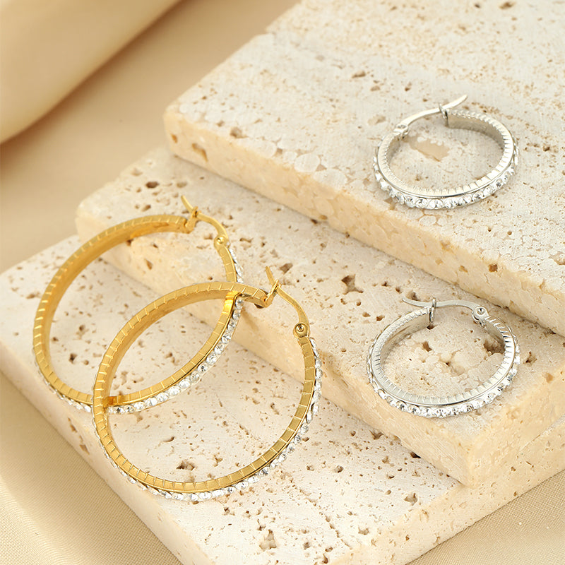 1 Pair Simple Style Classic Style Solid Color Plating Inlay Stainless Steel Artificial Diamond Hoop Earrings