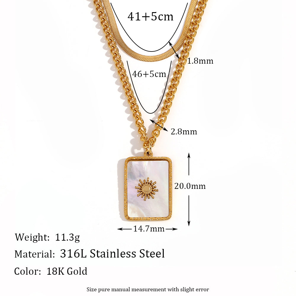 Ig Style Classic Style Sun Square Stainless Steel Plating Inlay Shell 18k Gold Plated Double Layer Necklaces