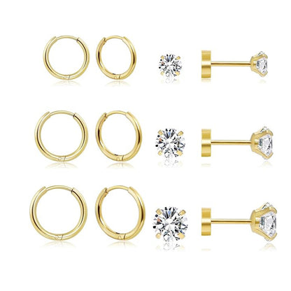 6 Pairs Simple Style Geometric Plating Inlay Stainless Steel Zircon 14k Gold Plated Earrings