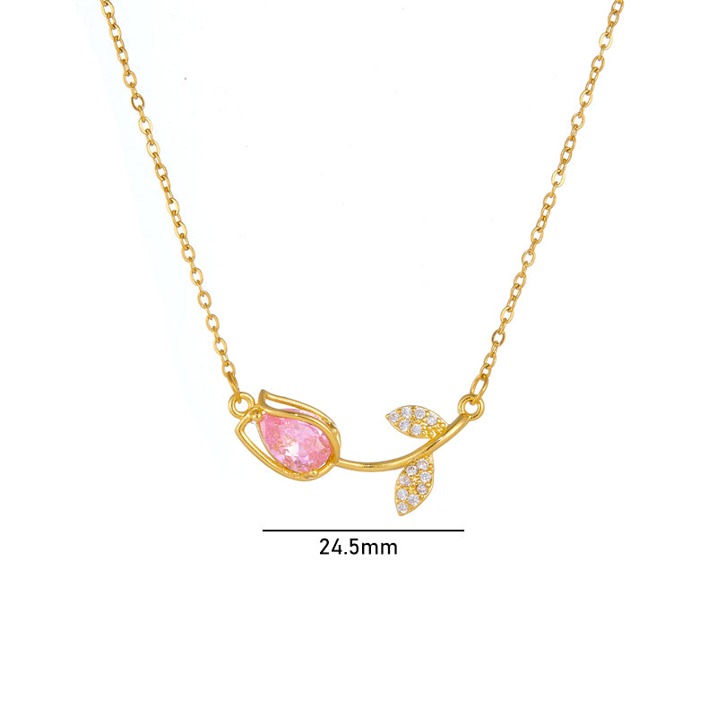 Lady Tulip Stainless Steel Copper Plating Inlay Zircon 18k Gold Plated Necklace