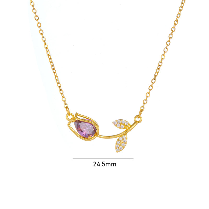 Lady Tulip Stainless Steel Copper Plating Inlay Zircon 18k Gold Plated Necklace