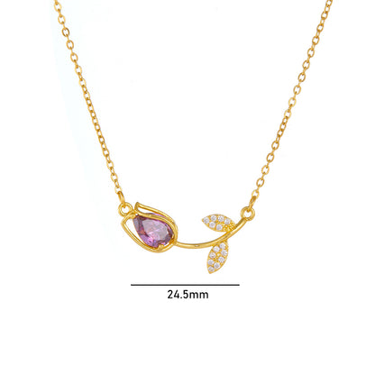 Lady Tulip Stainless Steel Copper Plating Inlay Zircon 18k Gold Plated Necklace