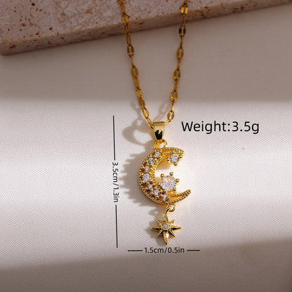 Romantic Moon Copper Plating Inlay Zircon 18k Gold Plated Pendant Necklace