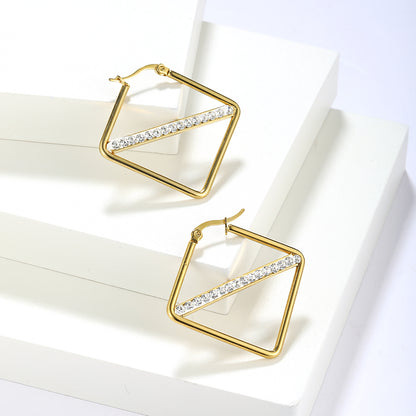 1 Pair Simple Style Classic Style Solid Color Rhombus Plating Inlay Stainless Steel Artificial Diamond Hoop Earrings