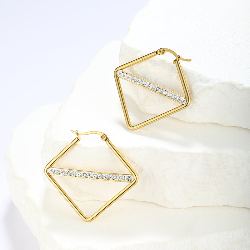 1 Pair Simple Style Classic Style Solid Color Rhombus Plating Inlay Stainless Steel Artificial Diamond Hoop Earrings