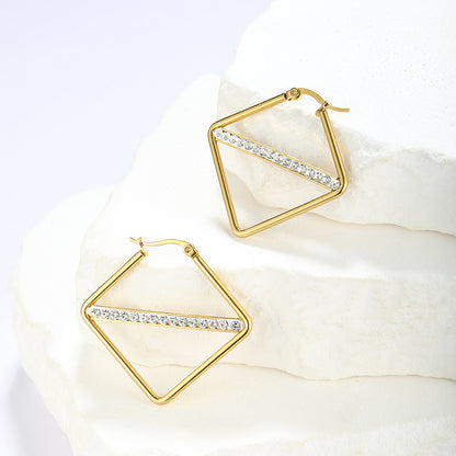 1 Pair Simple Style Classic Style Solid Color Rhombus Plating Inlay Stainless Steel Artificial Diamond Hoop Earrings