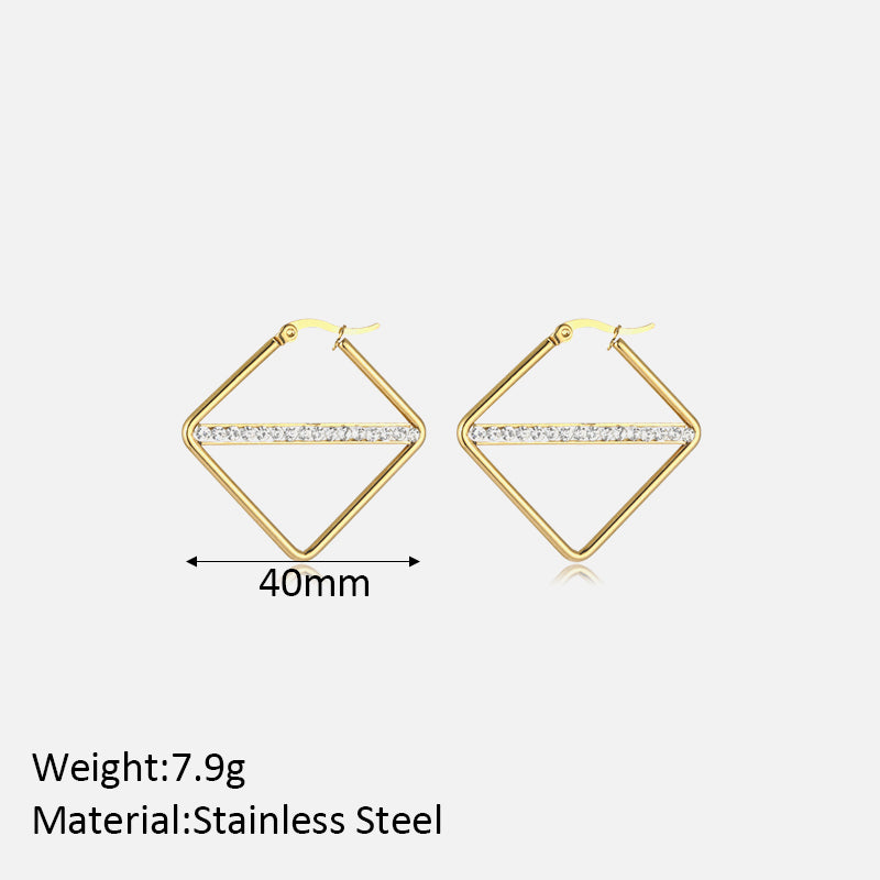 1 Pair Simple Style Classic Style Solid Color Rhombus Plating Inlay Stainless Steel Artificial Diamond Hoop Earrings