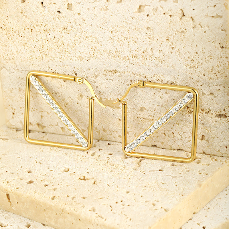 1 Pair Simple Style Classic Style Solid Color Rhombus Plating Inlay Stainless Steel Artificial Diamond Hoop Earrings