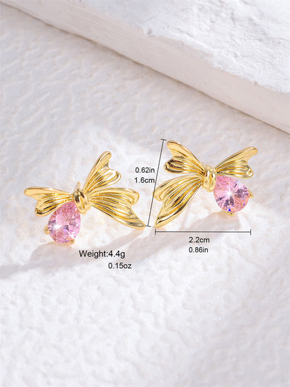 1 Pair Glam Shiny Flower Bow Knot Plating Inlay Copper Shell Zircon Gold Plated Ear Studs