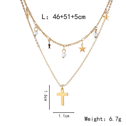 Elegant Vacation Cross Stainless Steel Copper Layered 14k Gold Plated Double Layer Necklaces