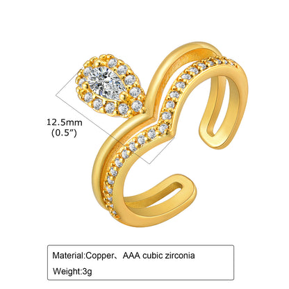 Elegant Simple Style Geometric Copper Plating Inlay Zircon 18k Gold Plated Open Rings