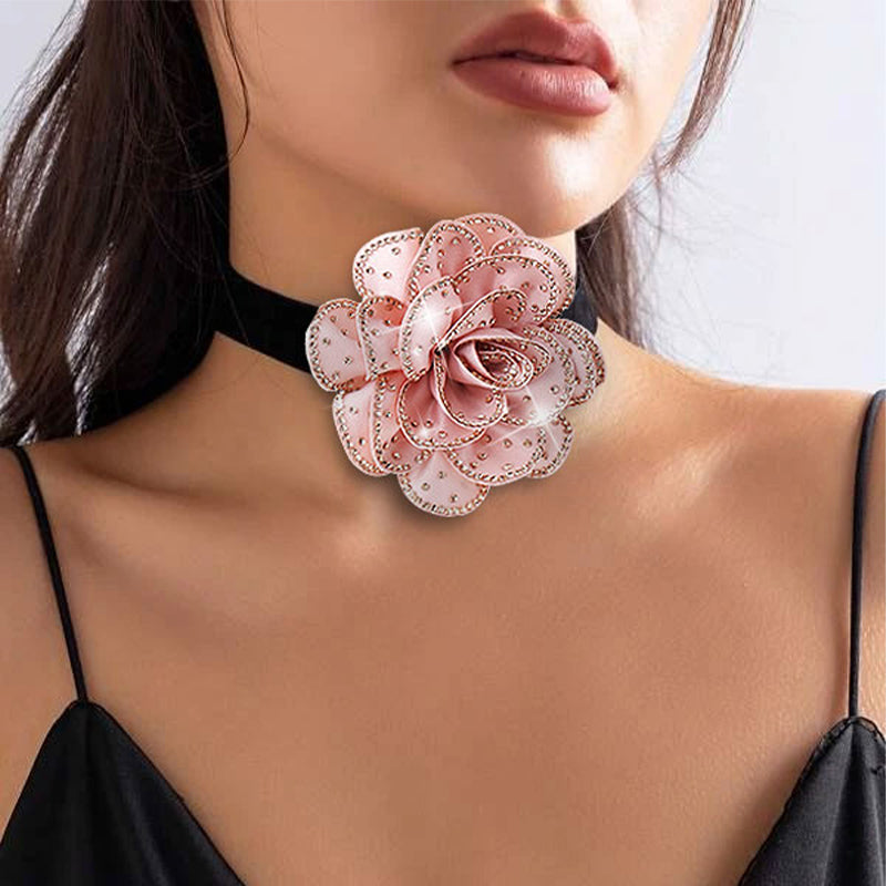 Elegant Flower Stainless Steel Cloth Inlay Rhinestones Choker