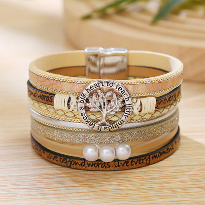 Bohemian Angel Life Tree Elephant Stainless Steel Pu Leather Alloy Layered Women's Bracelets