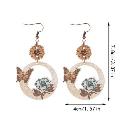 1 Pair Vintage Style Flower Bee Butterfly Wood Drop Earrings